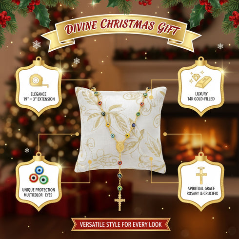 A decorative Christmas-themed ad features a pillow with a gold filled Y-necklace, cross, and charms, highlighting its luxury and elegance.